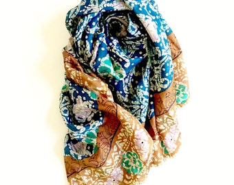 Riverside Blue Pure Silk Scarf | Batik Print | Teal Turquoise Dusky Mustard | Earthy | Soft Elegant | Birthday Gift, for her, for MOM