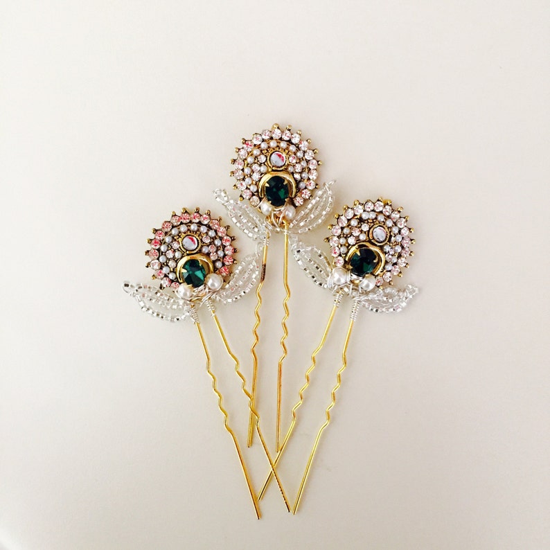 Crystal & Emerald Bridal Hair Pins Vintage Style Green Etsy