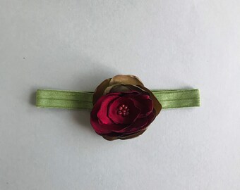 Cranberry wine and green baby headband, large flower, gift for baby