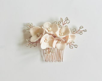 Spring blossoms - Soft white and copper, bridal hair comb, Clay flowers, Modern wedding  42