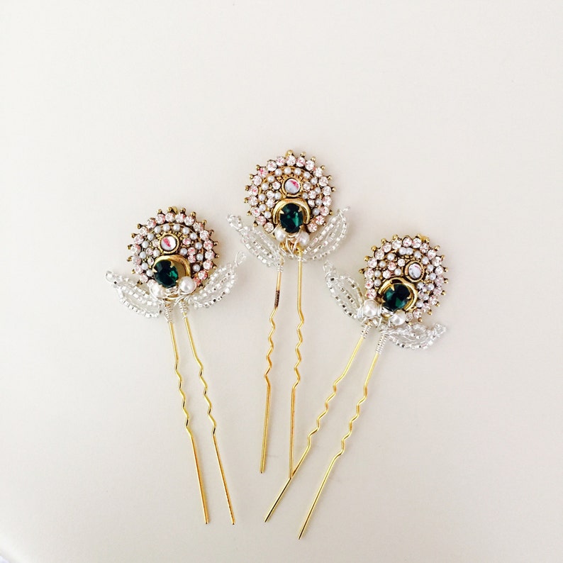 Crystal & Emerald Bridal Hair Pins Vintage Style Green Etsy