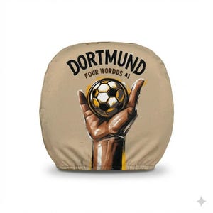 May include: A tan-colored round object with the word "DORTMUND" arched across the top, and a soccer ball held in a hand. The soccer ball is black, white, and gold. The text "FOUR WORDDS 41" is below the word "DORTMUND".