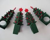4 vintage Dept 56 Christmas tree napkin rings - wood, red and green, star, hearts, 80s