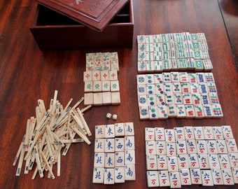 antique carved Mah Jongg bone and bamboo tiles and game in matching wooden box - Chinese, ancient game, Asian, 144 tiles