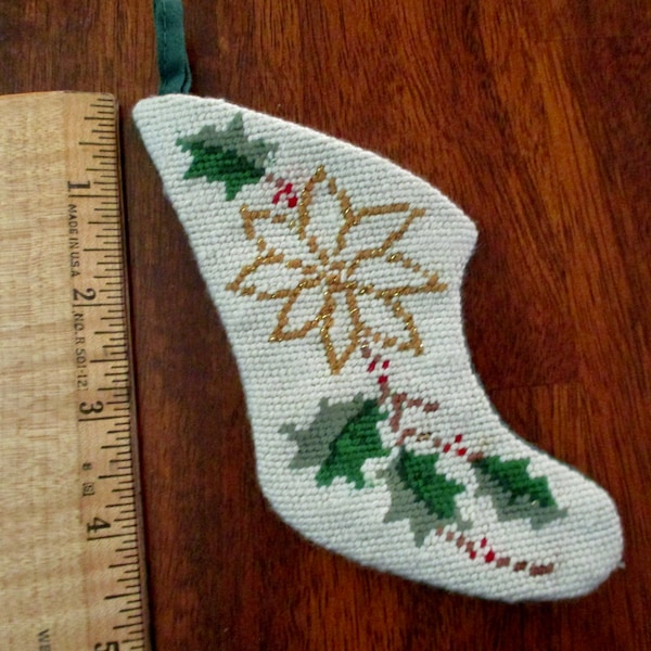 tiny needlepoint Christmas STOCKING ornament with holly, gold poinsettia, vintage, miniature