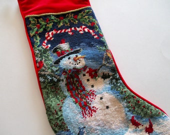 vintage needlepoint CHRISTMAS STOCKING with Snowman - cardinals, blue jay, candy canes, woods, bird lover
