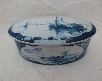 vintage blue oval DECORATIVE TIN - made in Holland, Droste