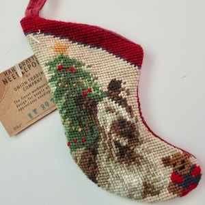 tiny Needlepoint Christmas dog STOCKING ornament with terrier, mini stocking, new with tag