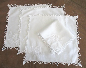set of 4 white luncheon napkins - hand embroidered, floral, cotton linen, vintage