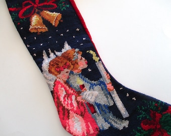 needlepoint CHRISTMAS STOCKING with two little angels carrying a candle -gold bells, navy blue, vintage