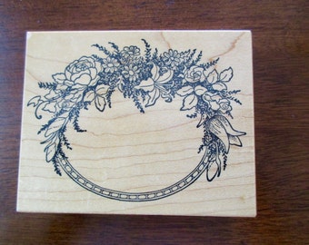 PSX K - 413 Floral Wreath rubber stamp mounted on wood - roses. frame, leaves