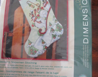 CHRISTMAS 16" stocking kit -new, Sledding Snowmen by Michael Stoebner, Dimensions, #70-08853, cross stitch, vintage, rare