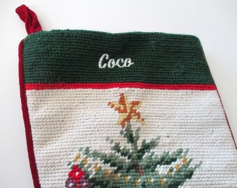 needlepoint Christmas Tree Stocking - embroidered COCO, gold star, doll, teddy bear, train,  vintage