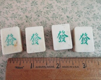 4 antique carved Mah Jongg bone and bamboo tiles - 1920s, Chinese, ancient game, Asian, jewelry making, green dragon