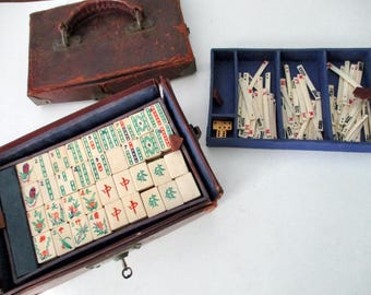 Antique Mah Jongg Game Box: 144 bone and bamboo tiles, leather case, Chinese, Asian, 1920s