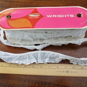 by the yard - 70s vintage gathered white eyelet lace - new, old stock Wrights, 1.5&quot; trim, BTY, DIY, NOS