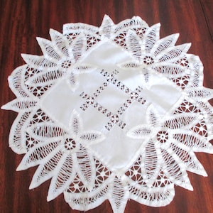 battenburg lace 22" doily - cotton linen, square, white, mid century, handmade, vintage