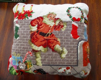 CHRISTMAS needlepoint PILLOW - Santa doing a jig, Santa dancing in his socks, vintage throw pillow, petit point