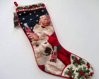 Coca Cola needlepoint CHRISTMAS STOCKING with Santa with a polar bear - 90s new with tags, NOS, Coke,  petit point