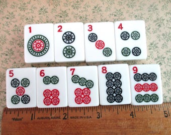 9 Mah Jongg tiles - dot tiles 1-9, Chinese, ancient game, Asian, plastic