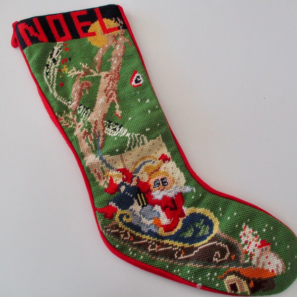 needlepoint CHRISTMAS STOCKING - NOEL, abstract sleigh with reindeer snowman, vintage