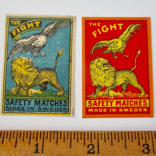 2 antique Swedish matchbox papers - unused, labels, 1910s, 1920s, ephemera, The Fight, lion, eagle