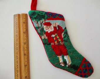 small needlepoint Christmas STOCKING ornament with golfer - petit point, golf, golfing Santa, vintage