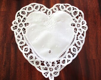 white heart lace doily - cotton, battenburg lace, Imperial Elegance, vintage