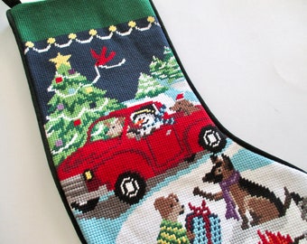 needlepoint CHRISTMAS STOCKING with red vintage truck, dogs, snowman, cardinal, vintage