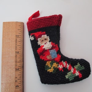 tiny needlepoint Christmas STOCKING ornament - vintage Santa, candy cane, dollhouse stocking, mini stocking