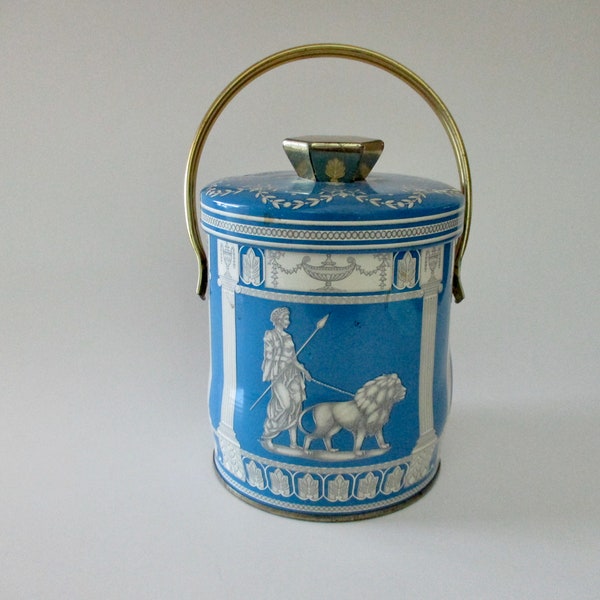 vintage decorative CANDY TIN with handle- Roman gods, lion,  floral garland, made in England