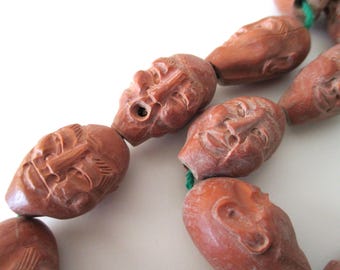 19 hand carved Chinese hediao olive nut Lohan Buddha beads - strand, prayer beads, beading, faces