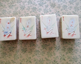 4 antique Mah Jongg bone and bamboo tiles - Chinese, ancient game, Asian, jewelry making, one bam, bird tile