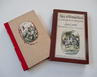 vintage Book-Alice In Wonderland AND Through the Looking Glass with box, Lewis Carroll, Illustrated Junior Library, hardcover