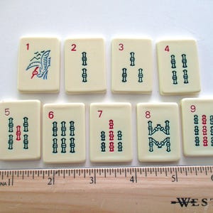 9 thin vintage Mah Jongg tiles - bam tiles 1-9, Chinese, ancient game, Asian, plastic
