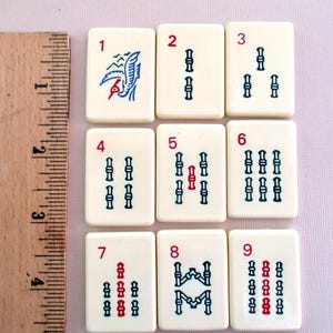 9 thin vintage Mah Jongg tiles - bam tiles 1-9, Chinese, ancient game, Asian, plastic