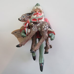 80s House of Hatten Christmas - new with tag, vintage, Elf Santa carrying a baby fawn deer, Enchanted Forest, hanging ornament