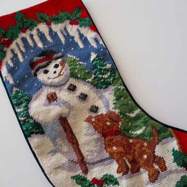 needlepoint CHRISTMAS STOCKING with Snowman with a walking stick and a pipe, dog, forest, vintage