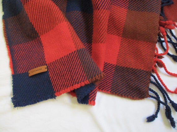 COACH plaid scarf- shawl, wool blend, fringed, vi… - image 1