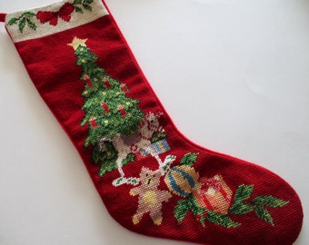 vintage needlepoint CHRISTMAS STOCKING with rocking horse, toys, tree with candles, gold star