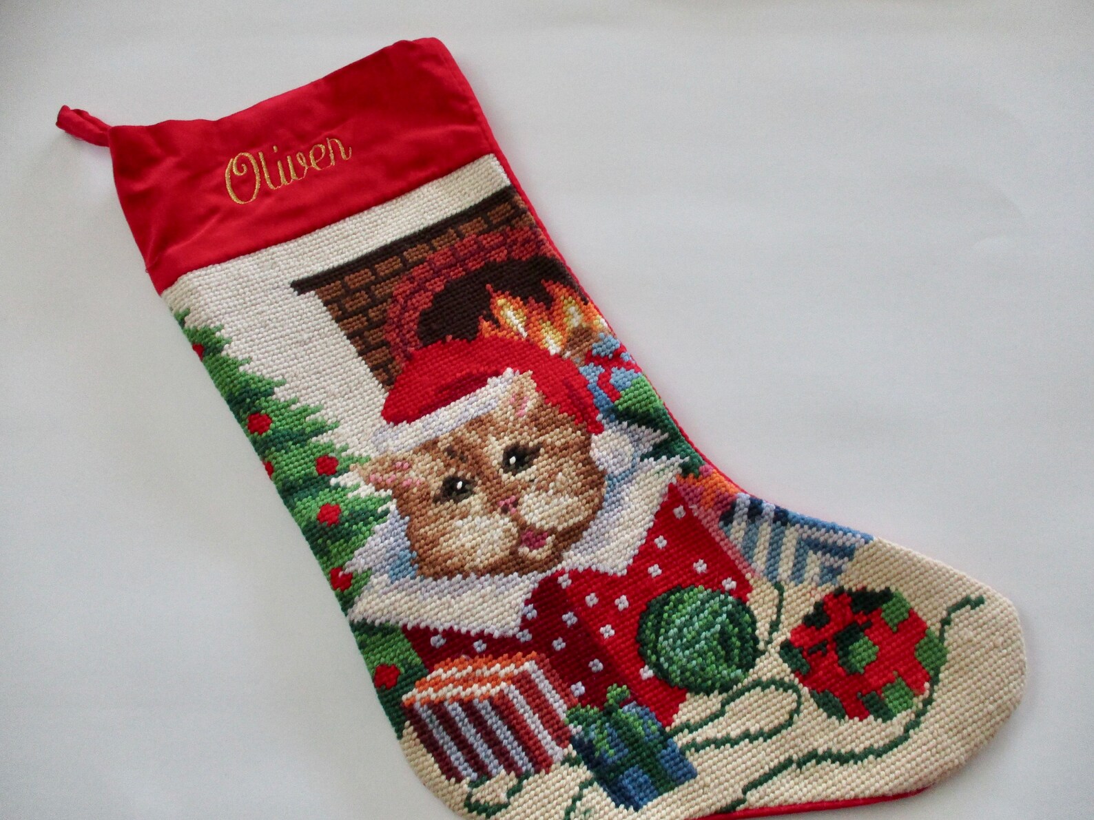 Needlepoint CHRISTMAS STOCKING tabby cat sitting by the fire Etsy