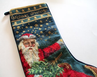 needlepoint CHRISTMAS STOCKING - Old World Santa in sleigh, petit point, Christmas Greetings, vintage