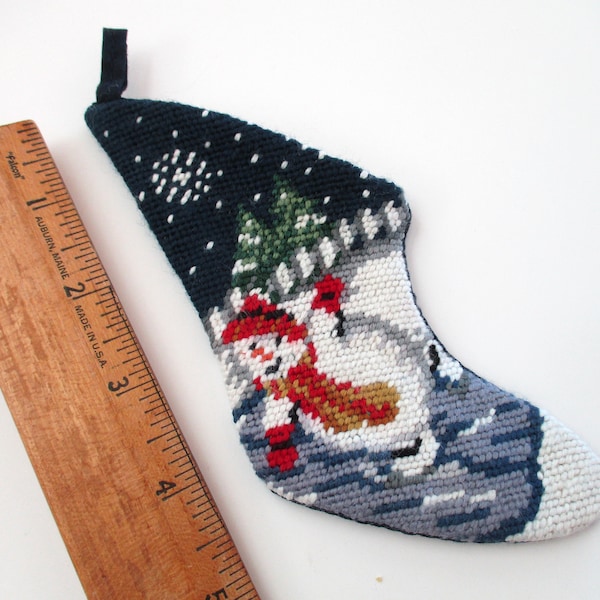 tiny Needlepoint Christmas STOCKING ornament with snowman ice skating, mini stocking