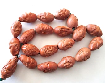 20 hand carved Chinese hediao olive nut Lohan Buddha beads - strand, prayer beads, beading, faces