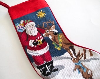 vintage needlepoint CHRISTMAS STOCKING with Santa feeding a reindeer a candycane, rabbit, petit point