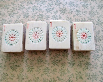 4 antique carved Mah Jongg bone and bamboo tiles - 1920s, Chinese, ancient game, Asian, jewelry making, one dot