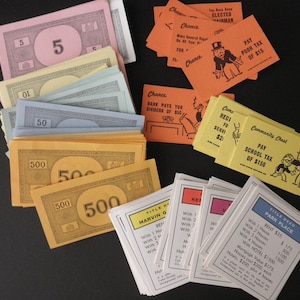 70s Monopoly Game parts -money, cards, property deeds, replacement parts, vintage