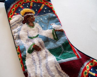 needlepoint CHRISTMAS STOCKING - African American angel with white dove, vintage