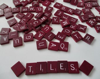 95 maroon red Scrabble tiles - game, wood, alphabet, words, assemblage, anagram, vintage