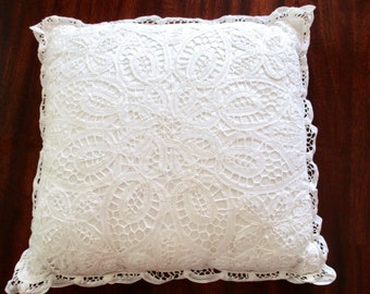 vintage battenburg lace PILLOW  - white cotton, square, 14"